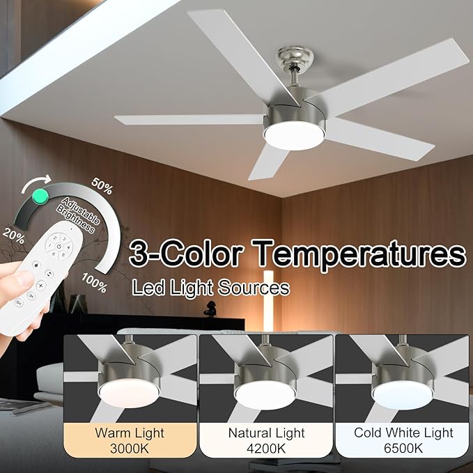 52 Inch Brushed Nickel Ceiling Fans with Lights,Ceiling Fan with Remote Control,Reversible DC Motor,3 CCT 6-Speed,Noiseless Ceiling Fan for Bedroom,Living Room,Dining Room,ETL Listed
