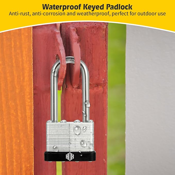 HOX Keyed-Alike Padlocks w/ 2” Long Hardened Shackle, 1-9/16” Wide Body, 6-Pack Shackle Padlock for Hasp Latch, Shed, Fence, Storage Locker