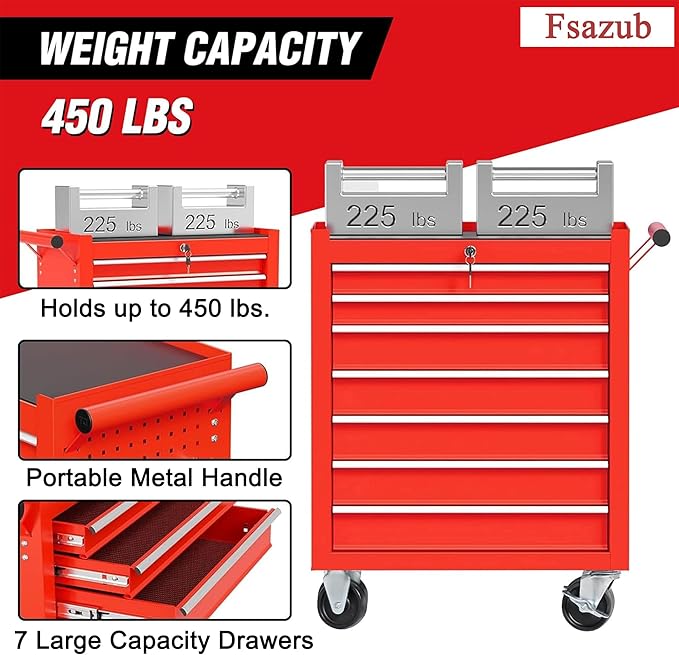 7 Drawers Rolling Tool Cart on Wheels, Multifunctional Metal Tool Storage Cabinet, Lock Tool Trolley Organizer Drawers Tool Box Tool Chest for Garage, Warehouse, Workshop, Repair Shop (RED)
