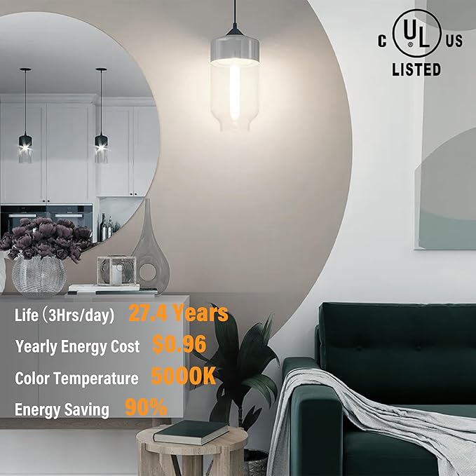 11.8IN 1000LM 5000K Daylight White Light Bulbs E26 Base, T10 T9 Edison Bulbs Dimmable 8W, AC 120V 100 Watt Equal Filament Bulb, Vintage Clear Glass Long Tubular LED Bulb, UL Listed - 2Pack