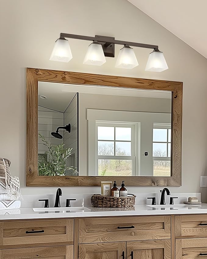 Bathroom Lighting Fixtures, HWH 4-Light Farmhouse Bathroom Vanity Light Over Mirror, Vanity Wall Sconce Oil-Rubbed Bronze Finish with Frosted White Square Glass, 5HY68BG1-4W ORB