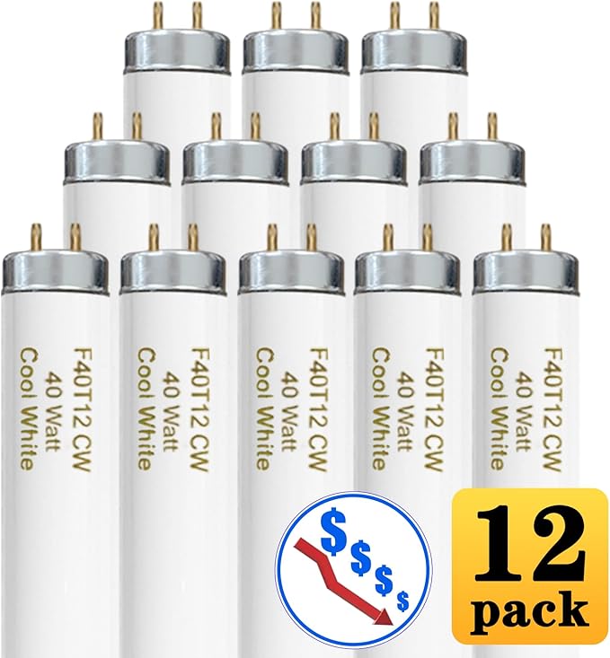 T12 48 Inches 40 Watt Fluorescent Tube, F40T12/841 Light Bulb, 4 Foot T12 Fluorescent Light Bulb, 4100K Cool White, F40T12/CW, 3250 Lumens, G13 Bi-Pin Base, 12 Pack