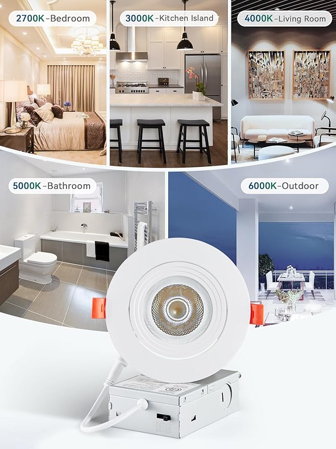 LEDIARY 12 Pack Gimbal LED Recessed Lighting 4 Inch, 5CCT Adjustable Recessed Light Slim Selectable 2700K-6000K,750LM Can Lights with Jbox,Canless Down Light Ceiling Light with IC Rated ETL Listed