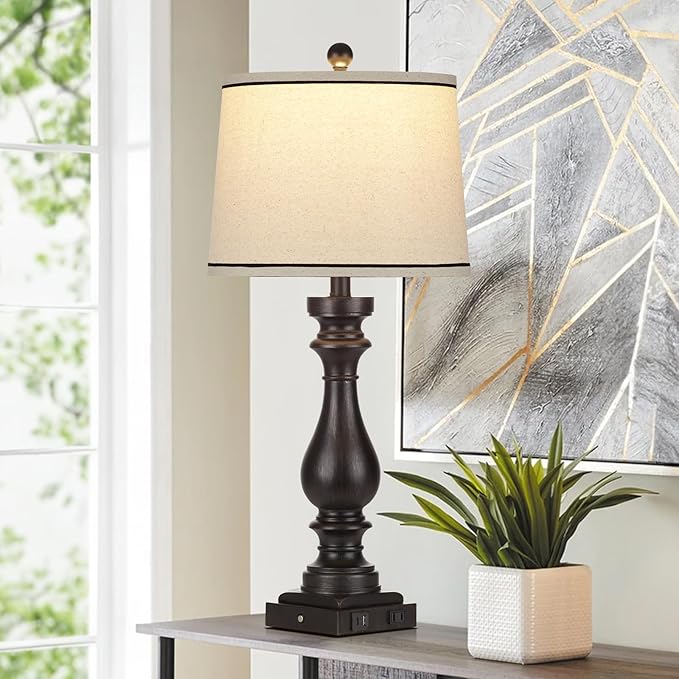 27.5" Farmhouse Table Lamp for Living Room,Vintage Bedside Nightstand Lamp with USB C+A Ports & AC Outlet,3-Way Dimmable Touch Control Retro Black Desk Lamp for Bedroom,Single Black