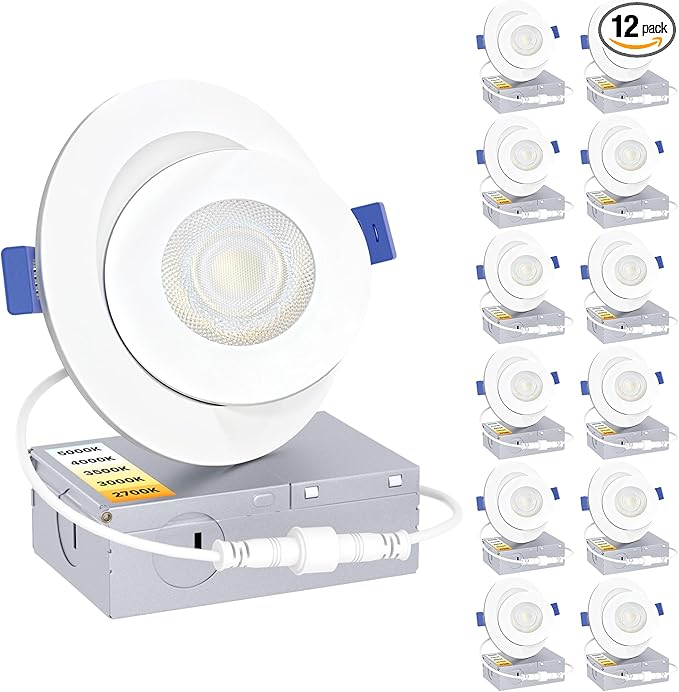 Ensenior 12 Pack 4 inch Gimbal Led Recessed Light with Junction Box, 90° Adjustable Directional Eyeball Lighting, Dimmable, 2700K/3000K/3500K/4000K/5000K, 900LM, 9W=100W-FCC Certified