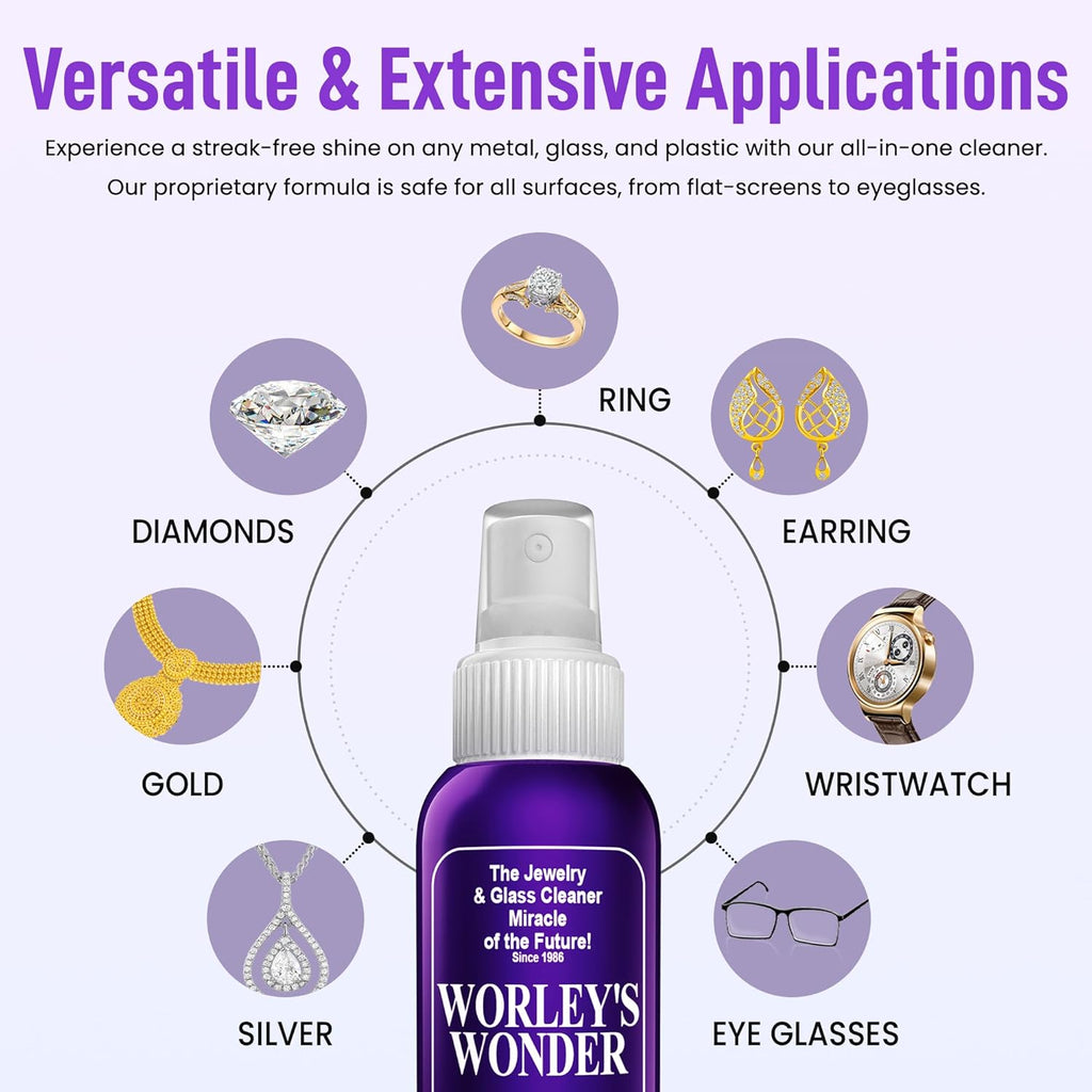 Worley's Wonder Jewelry & Glass Cleaner (4 Ounce Spray Bottle) - Jewelry Cleaner Spray for Gold, Silver, Diamonds, Gemstones, Glass, Marble, Electronics (4.00 Fl Oz (Pack of 1))