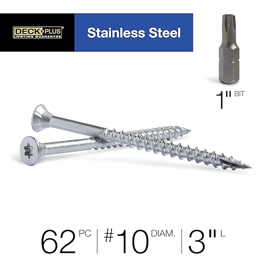 Deck Plus 3 Inch Epoxy Coated Exterior Wood and Fence Screws #10 x 3 Torx/Star Drive Included Coarse Thread, Outdoor Rust Resistant Decking Screw, Silver, 1lb Box, 62 Pieces | 48466