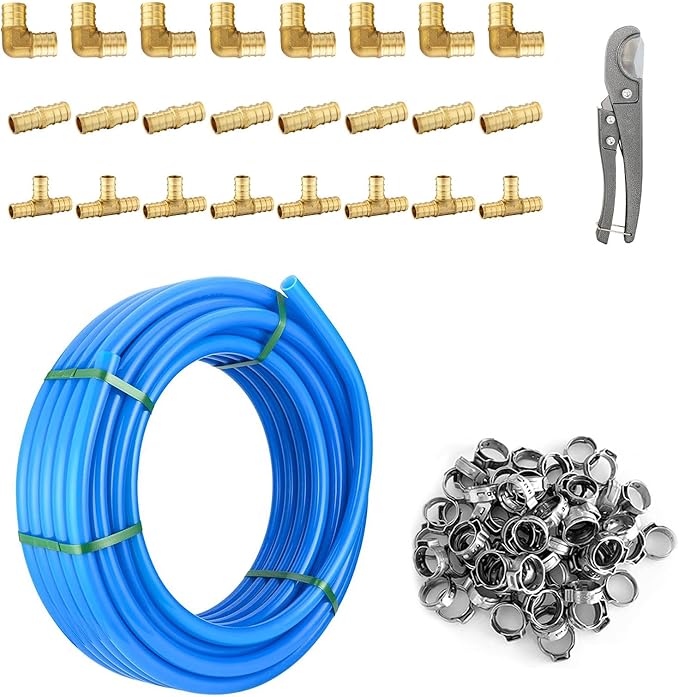 3/4 Inch-100 ft Foskan Blue PEX-B Pipe,Water Tubing with a Pipe Cutter,24 Pcs Pex Crimp Brass & 50 Pcs Clamp rings