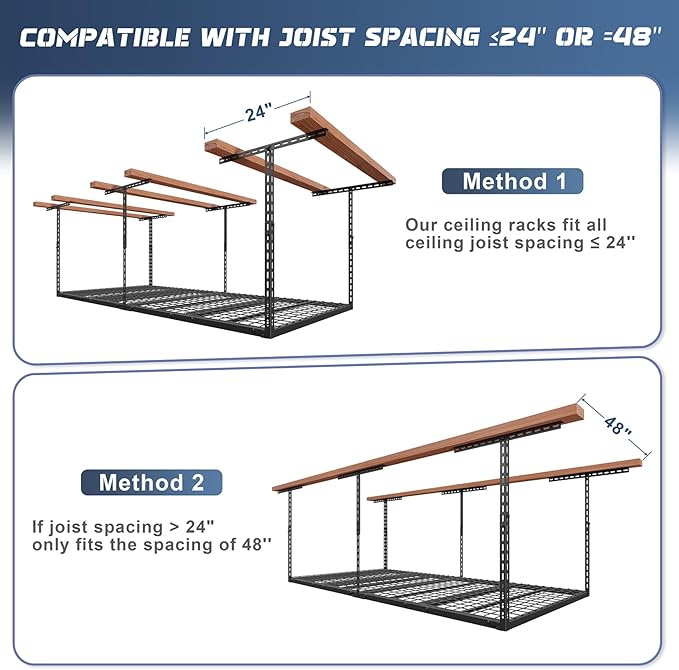 4X8FT Overhead Garage Storage Rack, 22"-48" Height Adjustable Garage Ceiling Storage Racks, Heavy Duty Metal Overhead Storage Organizer System, 750LBS Weight Capacity