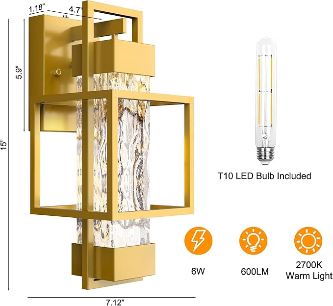 PARTPHONER Modern Outdoor Light Fixtures Dusk to Dawn Outdoor Lighting 2 Pack, 15" Exterior Wall Sconce Waterproof Outside Porch Light for House with Water Glass Black Brushed Gold