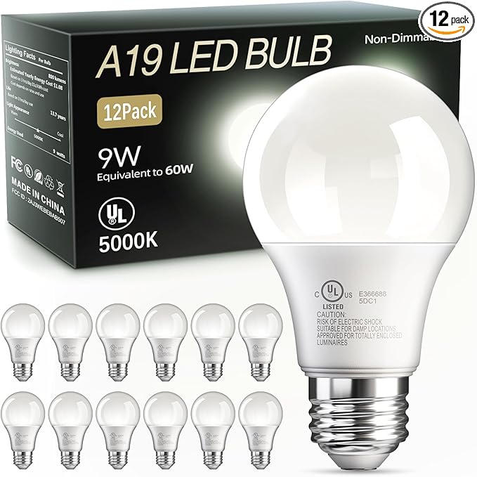 TJOY 12 Pack A19 LED Light Bulbs 60 Watt Equivalent, Efficient 9W, Daylight White 5000K, E26 Standard Base, Energy Saving Bright White Light Bulb for Home, Non Dimmable, 800LM, 80 CRI, 120V, UL Listed