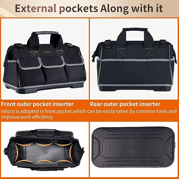 FASTECH 22-inch Wide Mouth Tool Bag with Water Proof Molded Base, Waterproof Tool Organizer Bag for Men with Adjustable Shoulder Strap (22INCH)