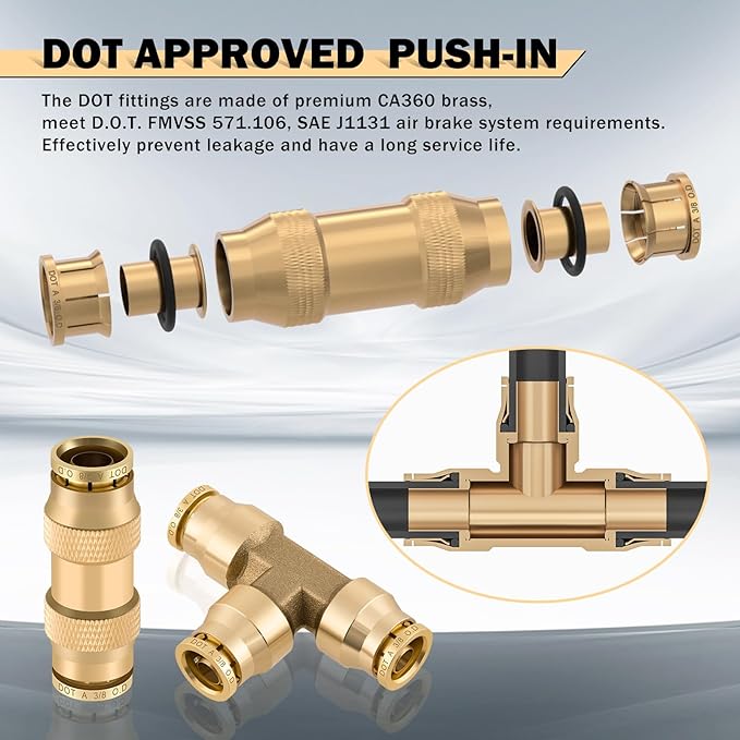 CheeMuii 35 PCS Brass DOT Air Line Fittings With 50FT 1/4" and 30FT 3/8" Air Line Kit - Push Lock Quick Connect Fittings With Pneumatic Tubing Set