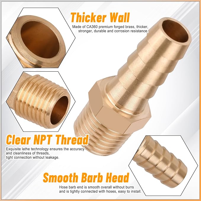 KOOTANS 32PCS Brass Hose Barb Fittings Barb to NPT Male Thread Adapter Kit 3/16" 1/4" 5/16" 3/8" 1/2" Barbed Air Hose Fittings with 46pcs Pipe Clamps for Water Fuel Air Line Connector Fitting
