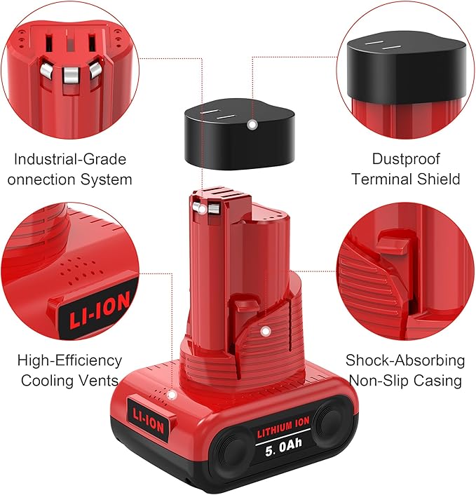 Mrupoo 12V 5000mAh Replacement Battery Compatible with Milwaukee 5000mAh Power Tools Red