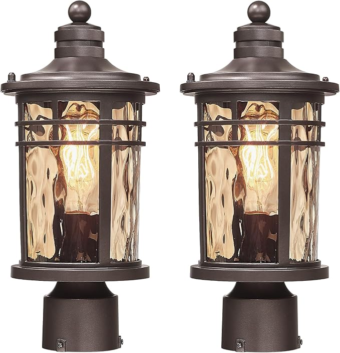Darkaway Outdoor Post Light,2pcs Lamp Post Light Fixture, Waterproof Aluminum Housing with Amber Ripple Glass for Garden Patio Pathway Entry