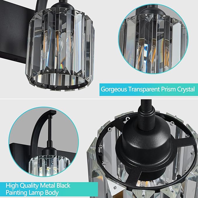 5-Light Crystal Vanity Light, Modern Black Bathroom Wall Sconce with K9 Crystal Shades, 42.51" Long Over Mirror Lighting for Vanity, Makeup, Hallway, Elegant & Easy Installation