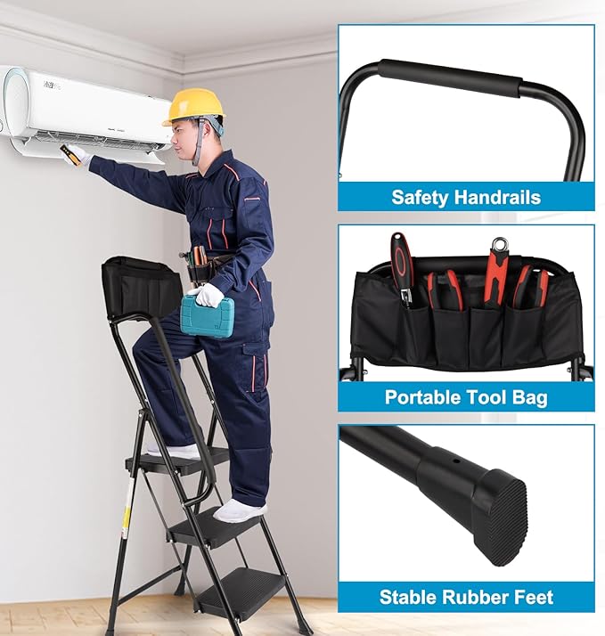 Valeo 3 Step Ladder with Handrails,500 Lbs Capacity,Folding Step Stool Ladder with Attachable Tool Bag,Lightweight & Storage Step Ladder 3 Step Folding,Multi-use for Home,Kitchen,Office,Black