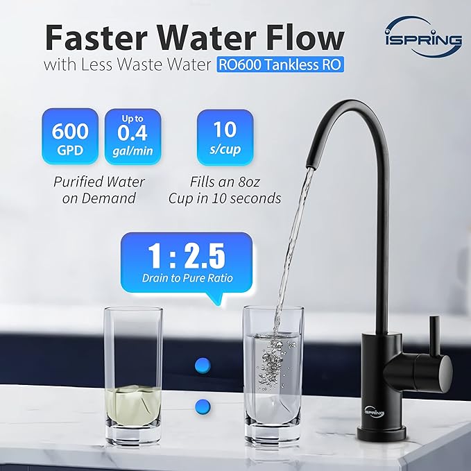 iSpring RO600ORB Tankless Reverse Osmosis System Under Sink, 600 GPD Fast Flow RO System, 2.5:1 Pure to Drain Ratio RO Water Filter System, Oil Rubbed Black Faucet, White