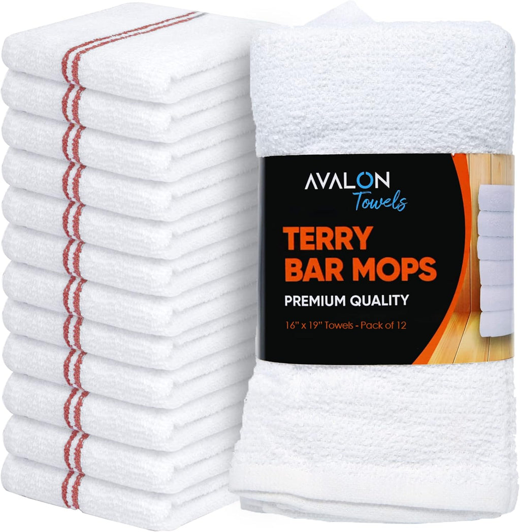 Avalon Towels Terry Bar Mop Towels (Value Pack of 12) Size 16"x19" – Absorbent and Durable, Multipurpose Cleaning Rags, Cotton Cleaning Cloths, Terry Cloth Rags, Reusable Shop Rag