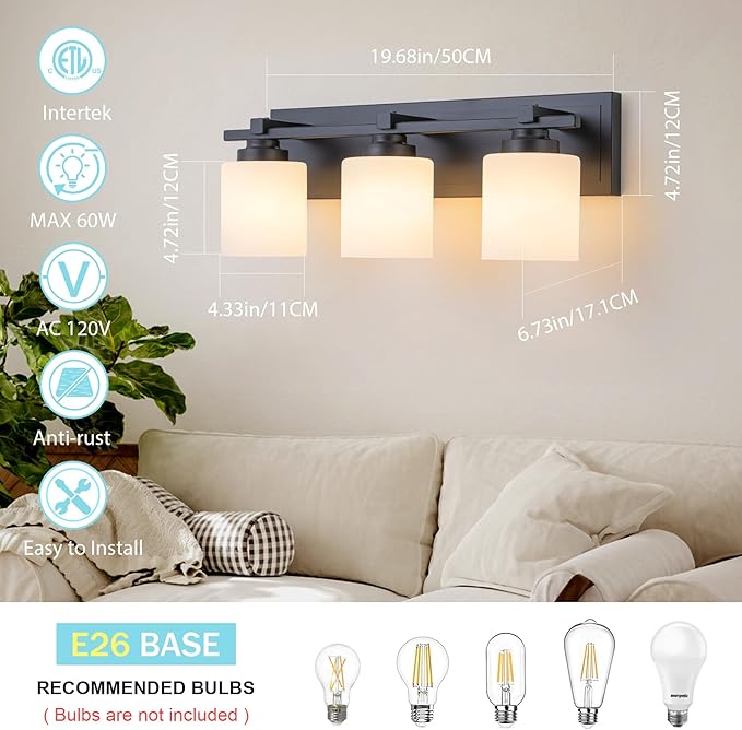 3 Light Modern Bathroom Light Fixtures Over Mirror, Black Vanity Lights for Bathroom Wall Sconces with Milky White Glass Shades, E26 Socket (Bulbs Not Included)