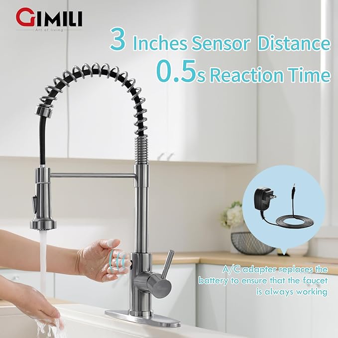 GIMILI Black Stainless Touchless Kitchen Faucet with AC Adapter, Smart Motion Sensor Hands Free Single Handle Kitchen Sink Faucet with Pull Down Sprayer