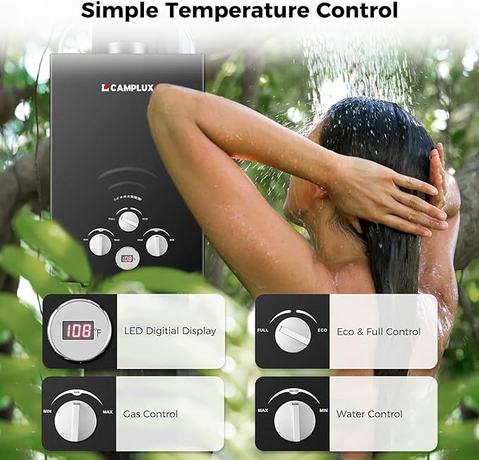 CAMPLUX Portable Tankless Water Heater 1.58 GPM, BW158B Outdoor Propane Water Heater Camping, 41,000 BTU, Black