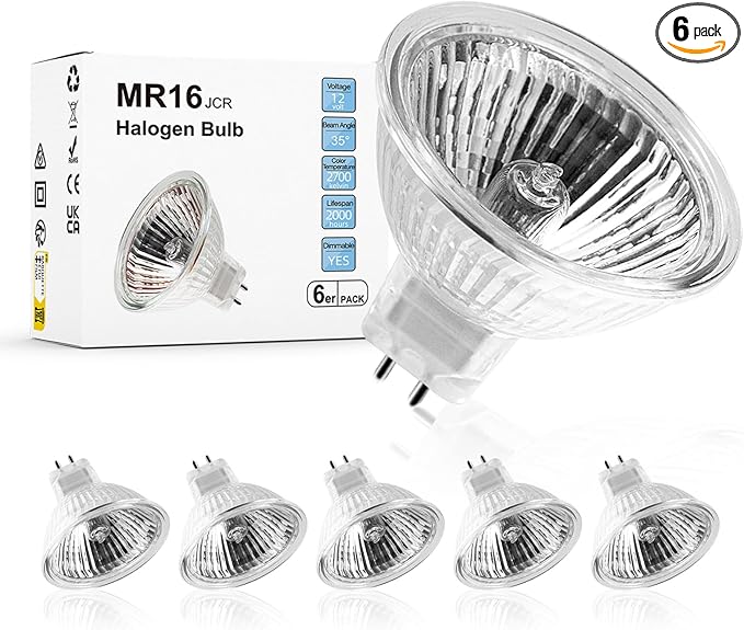 MR16 Halogen Light Bulb 2 pin 50W 12V, High Output GU5.3 Base for Landscape Lights, Track Lights, Fiber Optics, Desk Lamps, 2700K Warm White Dimmable, 6 Pack