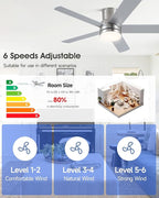 42 Inch Nickel Ceiling Fan with Light Flush Mountand Remote Control,Dimmable 3 Color Temperatures LED Ceiling Fan,6 Speed Reversible DC Motor,5 Blades Modern Ceiling Fans for Indoor or Covered Outdoor