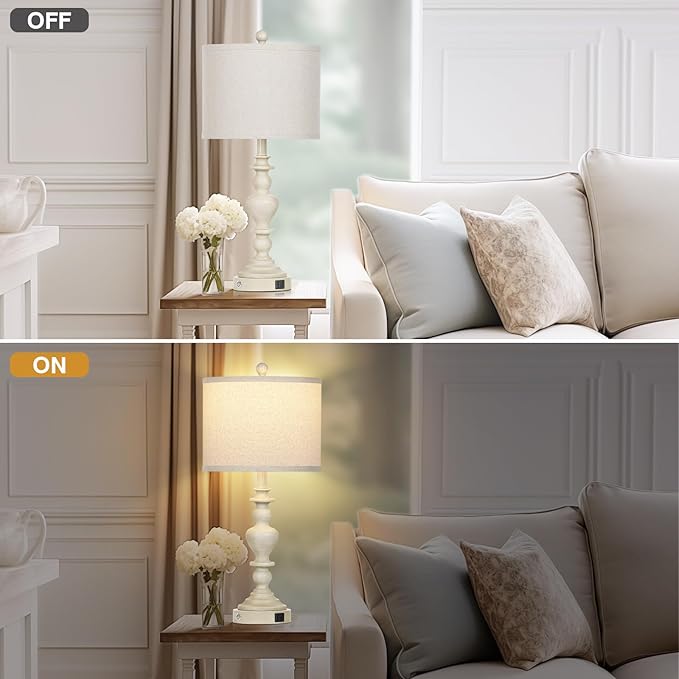 27" Farmhouse Table Lamps Set of 2, Vintage Bedside Lamps with USB A+C Charging Ports, 3-Way Dimmable Touch Control Traditional Nightstand Lamp for Living Room Beige (Bulbs Included)