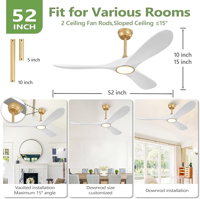 52 Inch Ceiling Fans with Lights and Remote, Dimmable 3 Blade Wood Outdoor Ceiling Fan for Patios Low Profile Modern Ceiling Fan with Light for Bedroom Living Room Indoor Gold White