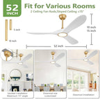 52 Inch Ceiling Fans with Lights and Remote, Dimmable 3 Blade Wood Outdoor Ceiling Fan for Patios Low Profile Modern Ceiling Fan with Light for Bedroom Living Room Indoor Gold White