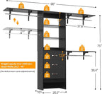 Closet System with Drawer - 8FT Wood Closet Organizer System with 3 Hanging Rods and Shelving Tower, 96" Walk In Closet Organizer Wardrobe, Heavy Duty Garment Rack Clothes Rack, Black