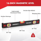 ARROW 16-Inch Level, Magnetic Torpedo Level with 45°/90°/180° Bubbles, Aluminum Alloy Body, Precision-Machined Base, Shockproof Rubber End Caps, V-Groove & Hanging Hole for Construction, Carpentry