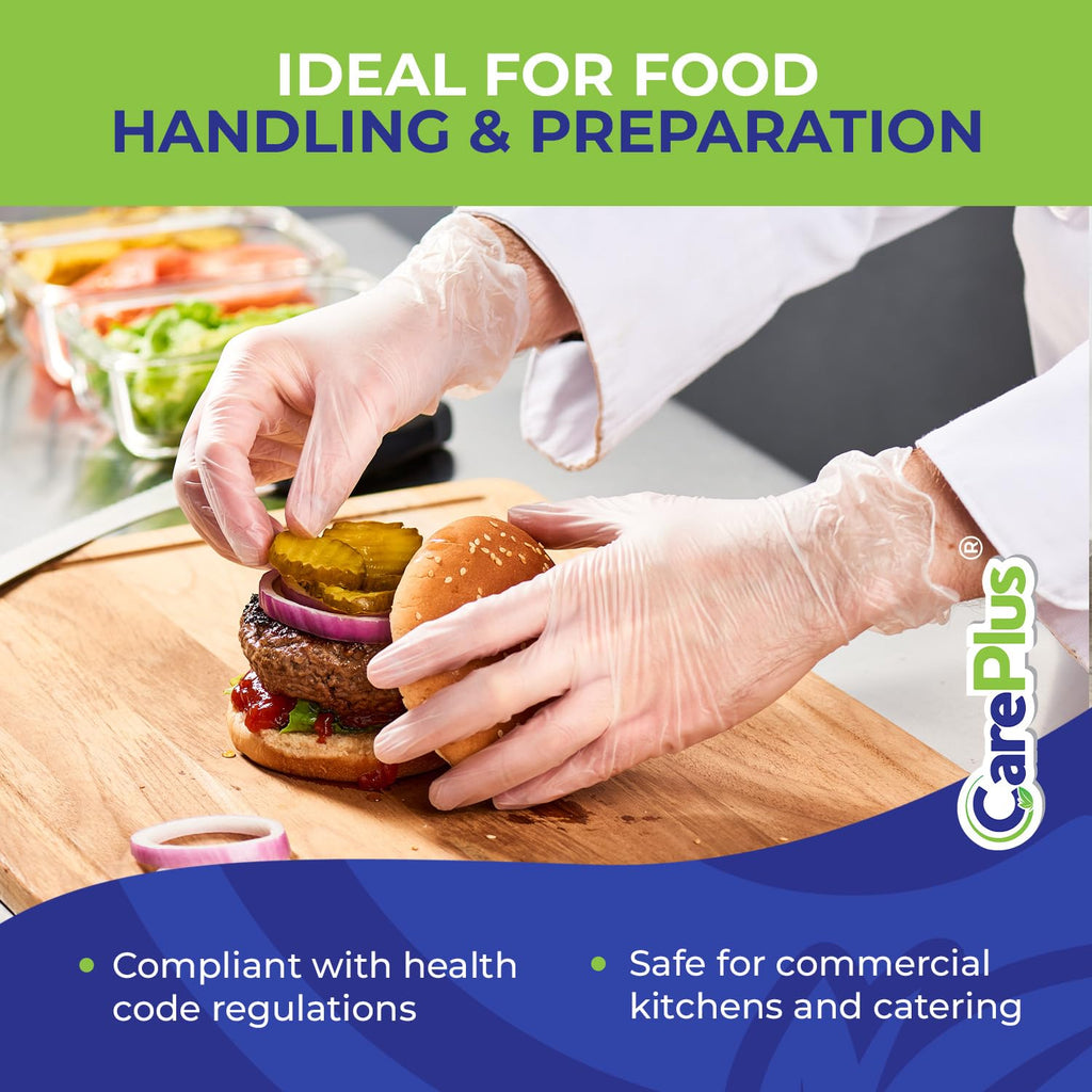 CARE PLUS Vinyl Gloves Clear Medium Size 200 Count | Heavy Duty, Non-Sterile, Powder-Free, Latex-Free Rubber | Food Prep, Kitchen & Cleaning Gloves, Ideal for Professional Use