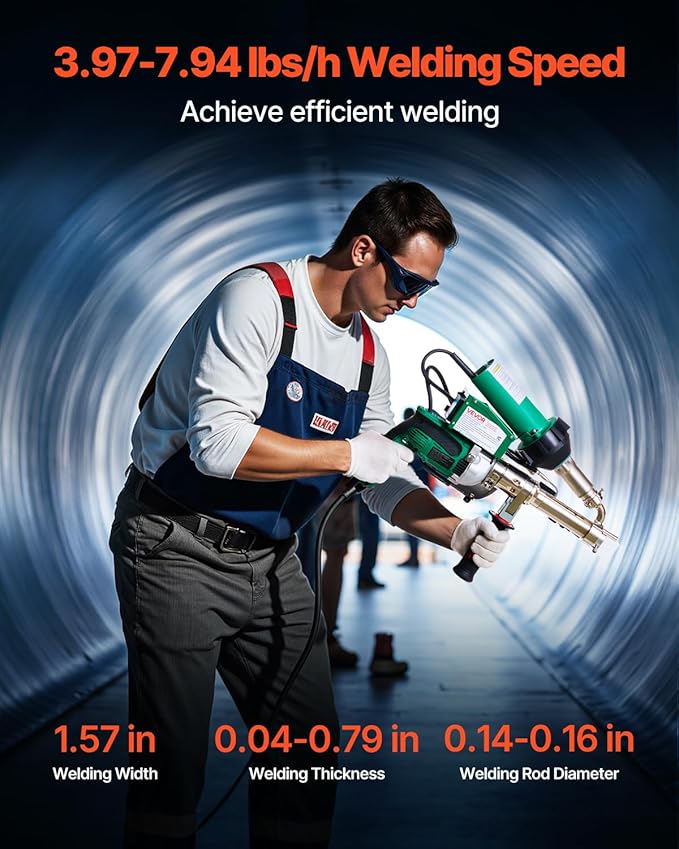 VEVOR Handheld Plastic Welding Extruder, 800W Hitachi Motor Extrusion Welding Gun - 0.79 in Weld Width & 360° Nozzle, Dual Heating System PP PE PVC HDPE Extrusion Welder for Membrane Pipe Plate