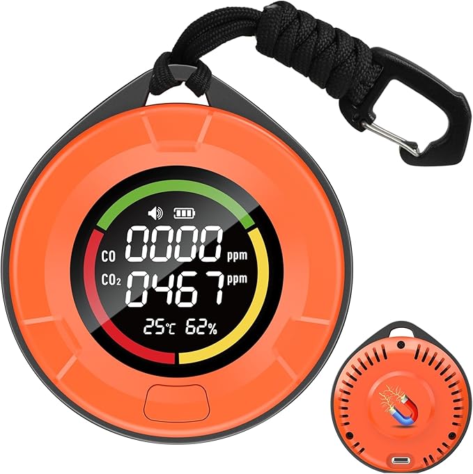 Portable Carbon Monoxide Detector for Travel：4-in-1 CO2 Monitor for Home - 1000mAh Battery Mini CO Carbon Dioxide Alarm with Temperature(°F) & Humidity for RV Hotel Camping- Orange