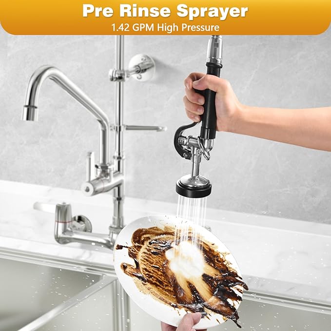 Commercial Kitchen Faucet with Sprayer for Restaurant-Chefs: BESTJEEF Commercial Sink Faucet for Cook - 25" Height 8" Center Wall Mount Kitchen Faucet with Stainless Spring Spray and 10" Add-On Spout