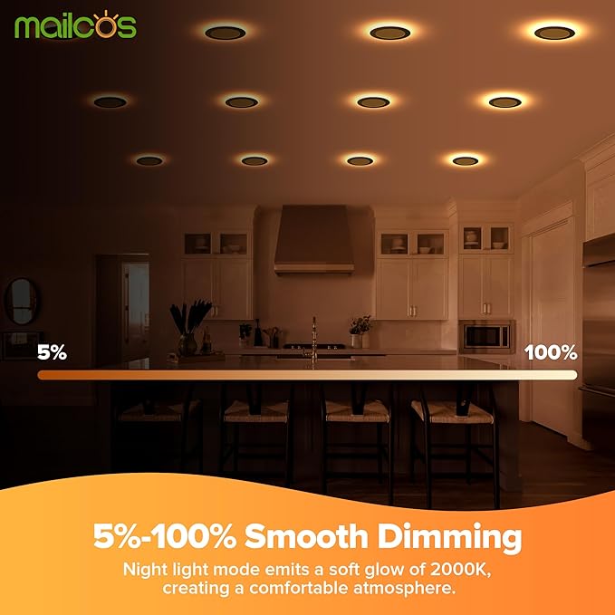 MAILCOS 12 Pack Black 6 Inch 5CCT LED Recessed Ceiling Light with Night Light, 2700K-5000K Selectable, Ultra-Thin Lighting, 12W=110W, 1050LM, Dimmable Canless Wafer Downlight ETL Certificated
