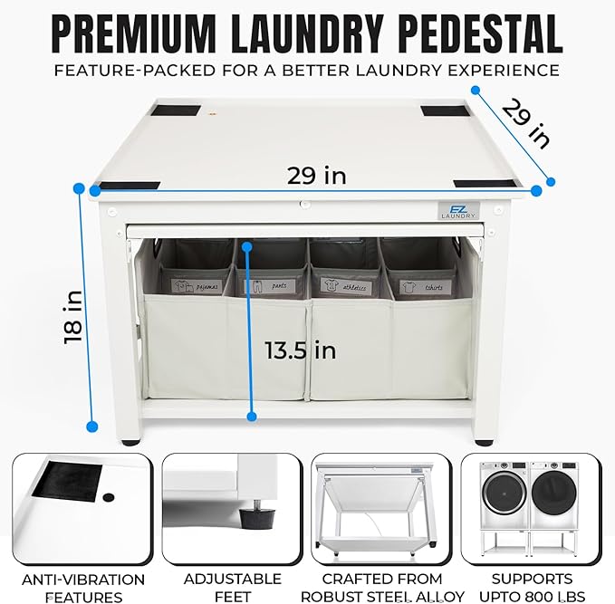 Washer and Dryer Pedestals with Pullout-Shelf - 29" W, 18" H, White Steel Universal Fit with Major Brands | Laundry Pedestal with Drain Pan & Hose | Washer Stand for Back Pain Relief, 800 lbs Capacity