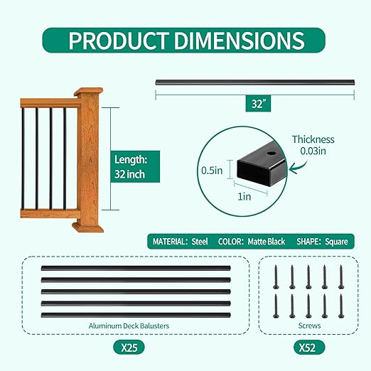 Black Metal Deck Balusters 32", Deck Railing and Indoor Stairs Railing,Hollow Rectangular Stair Railing with Screws for Deck Railing and Outdoor Porch-25Pack