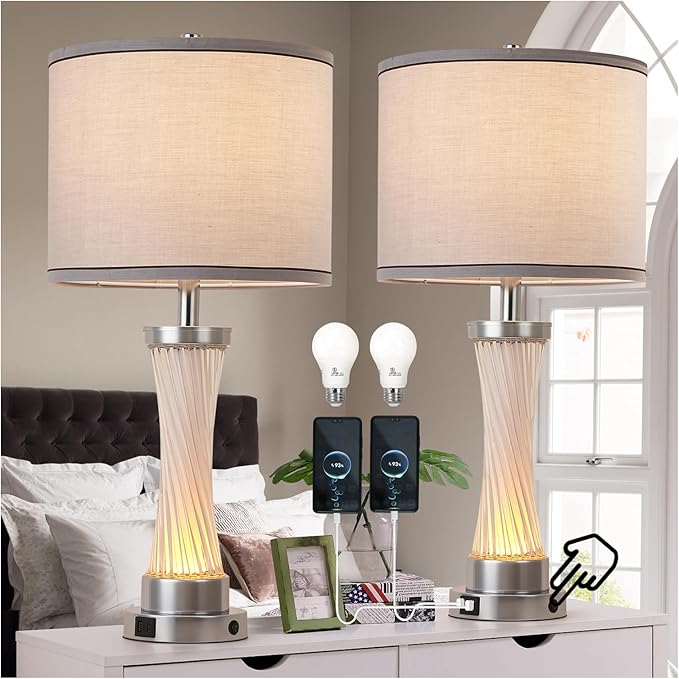 3-Way Dimmable Table Lamp Set of 2,Touch Control Lamp with Night Light,Modern Crystal Table Lamps for Bedroom,Living Room，Bedside Lamps with USB A+C Ports，Fabric Lampshade(Blubs Included)