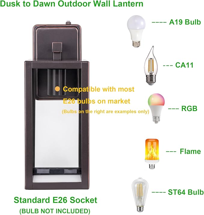 LIT-PaTH Dusk to Dawn Outdoor Wall Lantern, Wall Sconce as Porch Lighting Fixture, E26 Medium Base Max 60W, Anti-Rust Metal with Glass Shade, Oil Rubbed Bronze Finish, 2-Pack
