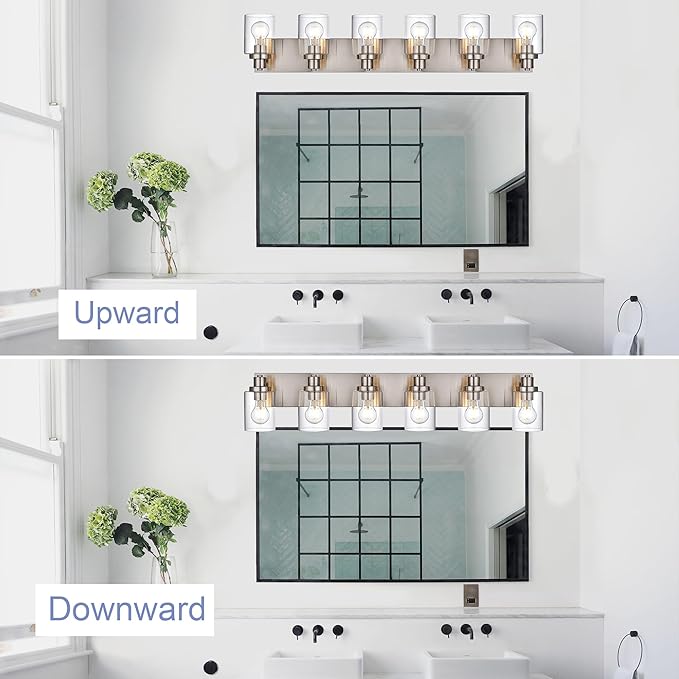 6 Light Vanity Light Brushed Nickel Bathroom Lighting Fixtures Over Mirror, Modern Bathroom Light with Clear Glass Shade, Farmhouse Vanity Lights