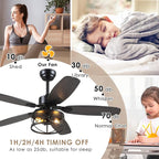 52" Black Ceiling Fan with Light & Remote, Timer, 5 Wood Blades - Rustic Flush Mount Fandelier, 6-Speed Reversible, Indoor/Outdoor for Bedroom, Living Room, Kitchen, Patio