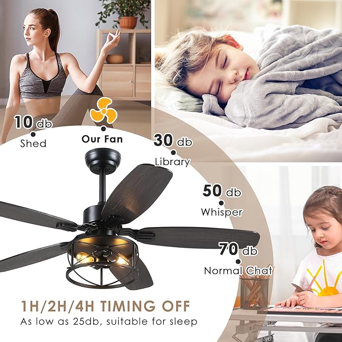 52" Black Ceiling Fan with Light & Remote, Timer, 5 Wood Blades - Rustic Flush Mount Fandelier, 6-Speed Reversible, Indoor/Outdoor for Bedroom, Living Room, Kitchen, Patio