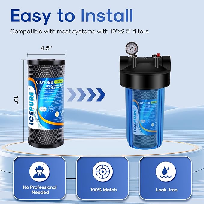 ICEPURE 10"X4.5",1 Microns Whole House Sediment Activated Carbon Water Filter Compatible with Dupont WFHDC8001,EP Series,EPM Series,CB-BB-10, GE FXHTC, GXWH40L, GXWH35F, GNWH38S, CTO10BB,1PACK