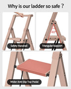 Taranta 3 Step Ladder, Lightweight Aluminum Step Stool with Convenient Handgrip, Folding Ladder with Anti-Slip Pedals, 330lbs Capacity Stepladder for Home, Office, Kitchen - Peach Pink