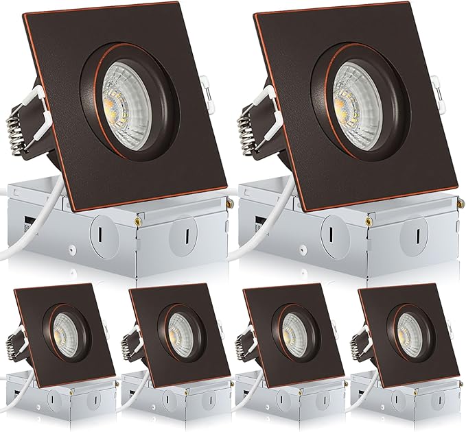 Square Bronze Recessed Lighting 3 Inch 6 Pack, Ajustable Eyeball recessed Light with Junction Box,5 Color Selectable,Airtight,9W 750LM,Dimmable,Bronze
