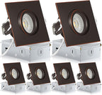Square Bronze Recessed Lighting 3 Inch 6 Pack, Ajustable Eyeball recessed Light with Junction Box,5 Color Selectable,Airtight,9W 750LM,Dimmable,Bronze